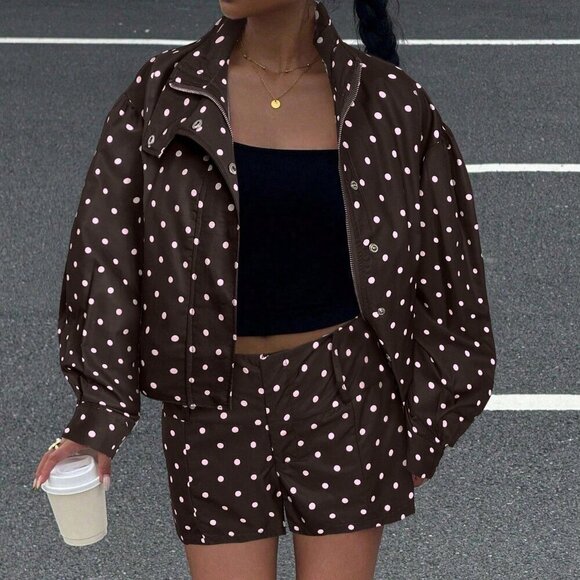 Casual Women's Polka Dot Print Long Sleeve Zip-Up Jacket & shorts set - Picture 6 of 6